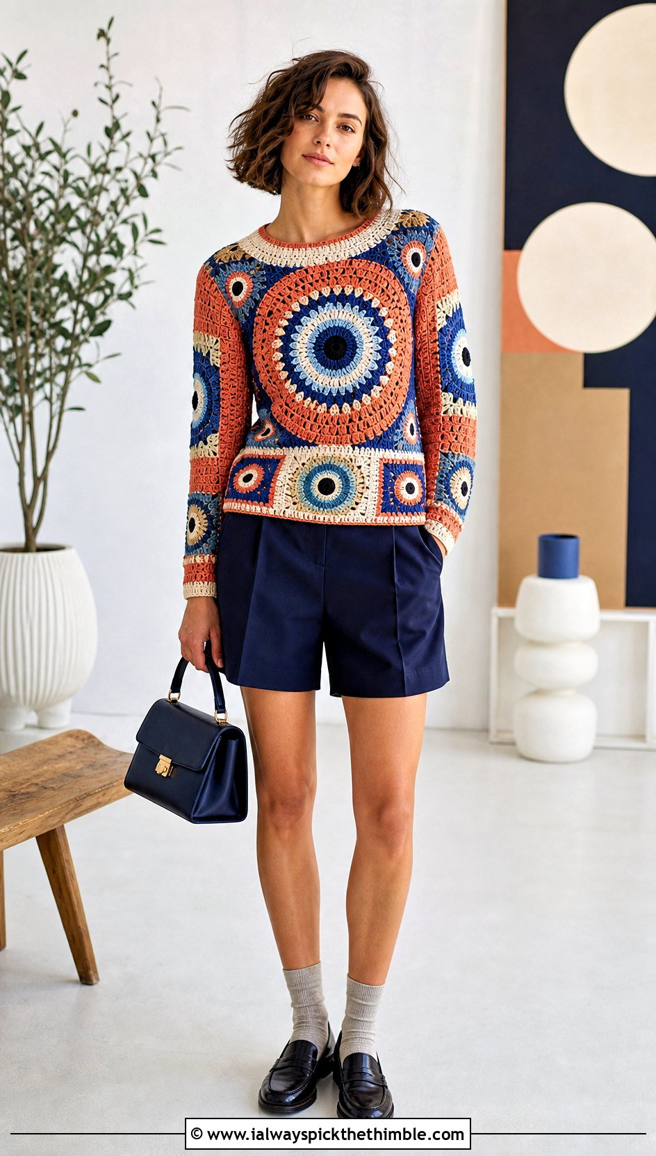 Evil Eye Mosaic Sweater With Tailored Suit Shorts - 20 Evil Eye Crochet Sweater outfit ideas