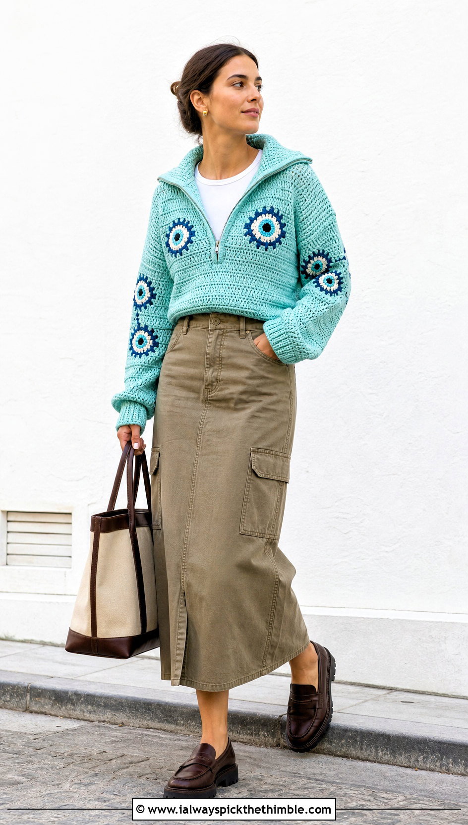 Evil Eye Zip Neck Sweater With Utility Midi Skirt - 20 Evil Eye Crochet Sweater outfit ideas