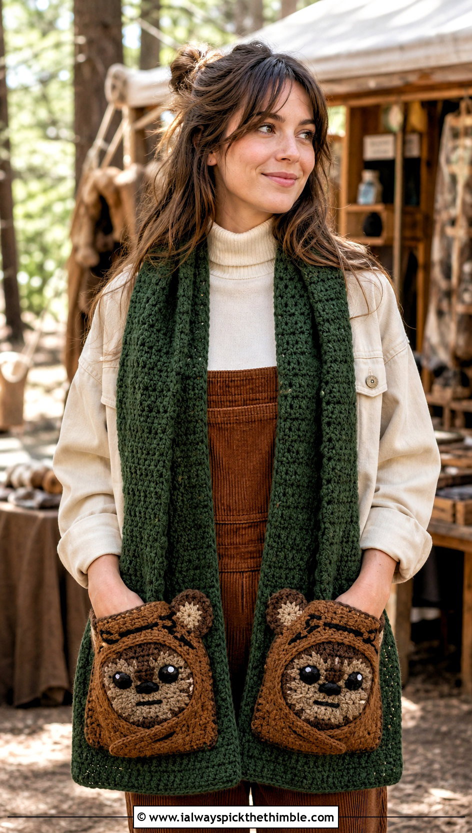 Ewok Pocket Scarf With Corduroy Overalls - 15 Crochet Star Wars Scarf outfit ideas