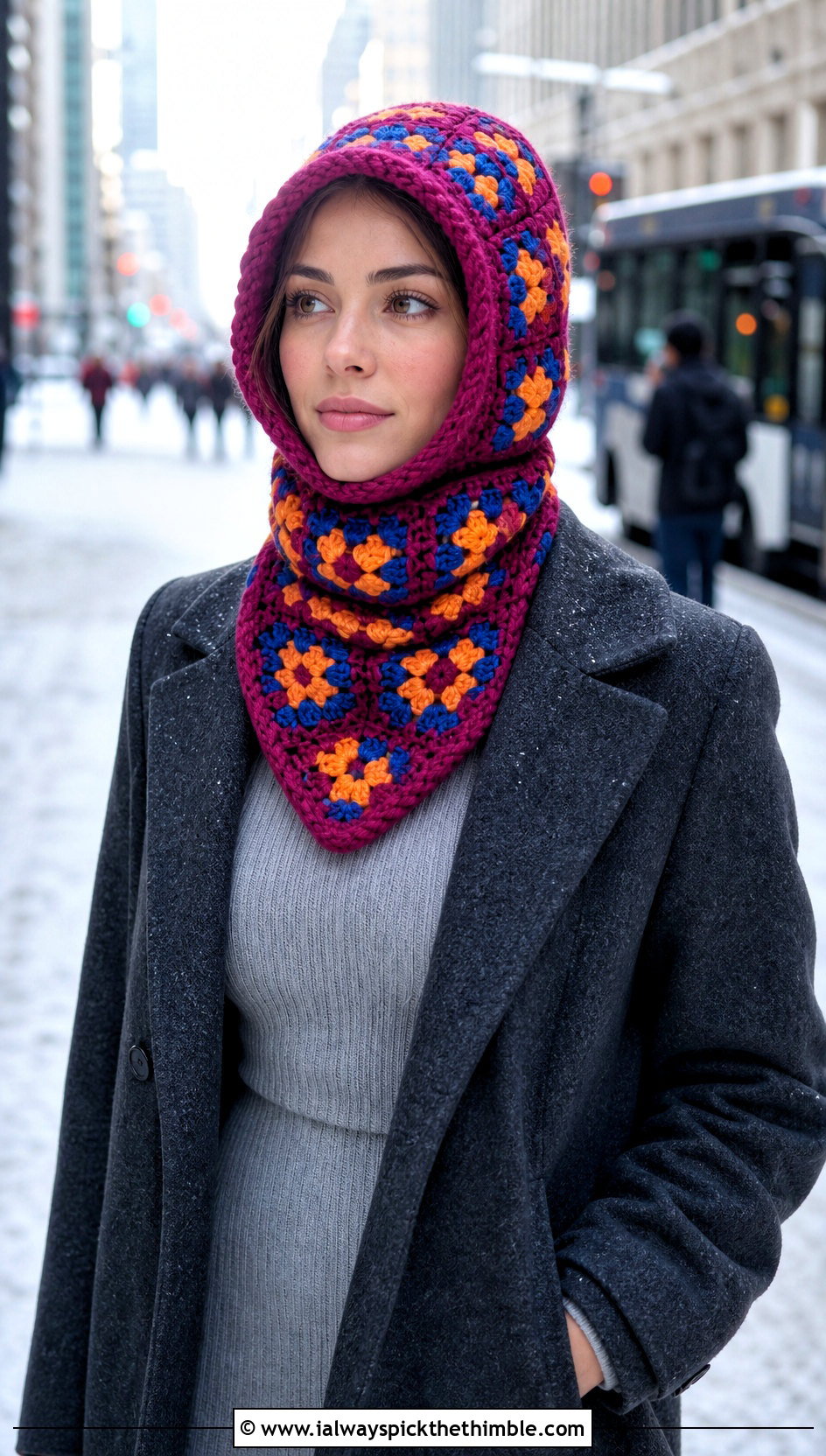 Extended Cowl Granny Square Balaclava With Long Coat And Boots - 25 granny square balaclava outfit ideas