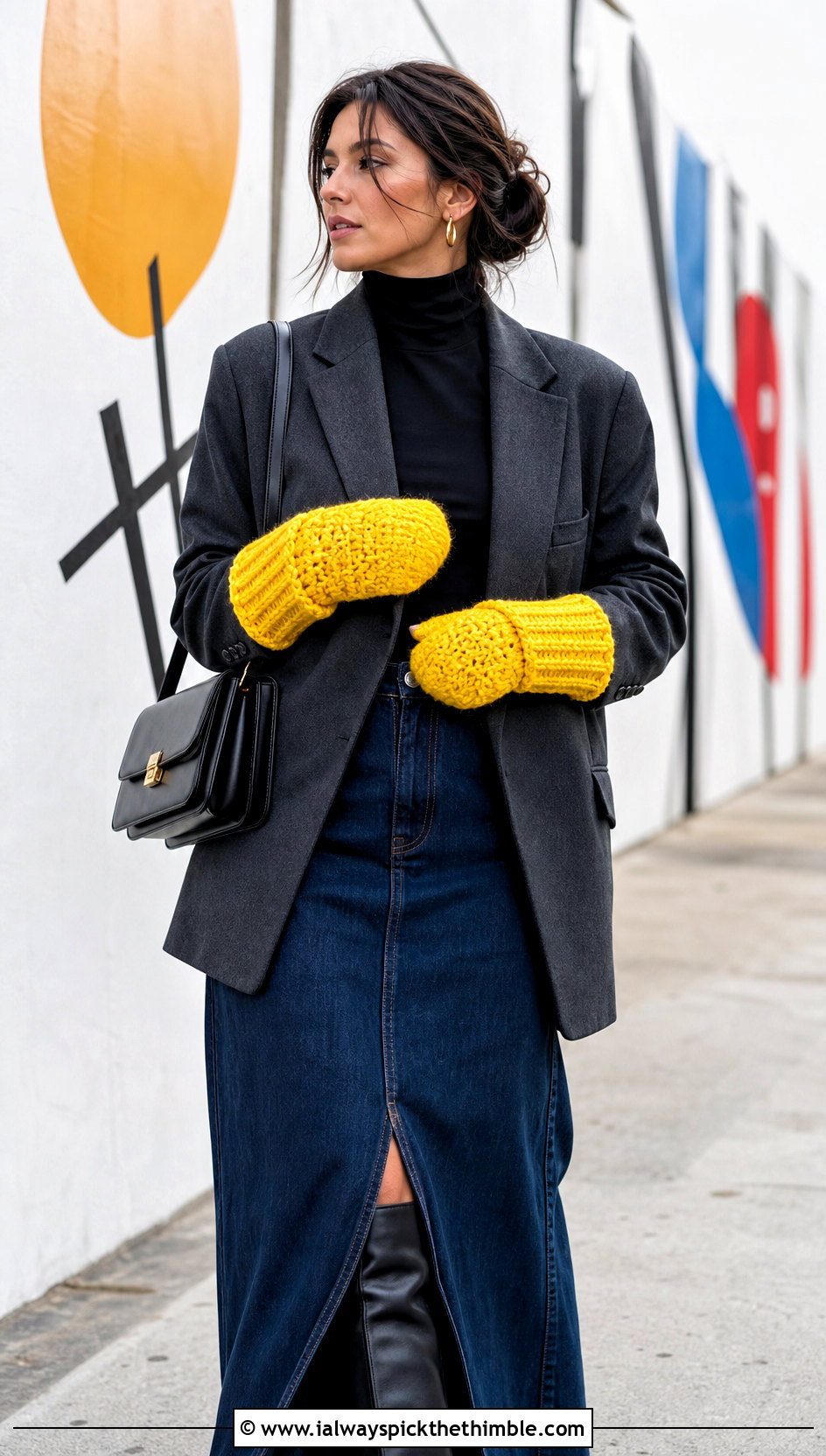 Extended Cuff Bulky Yarn Crochet Mittens With Blazer And Denim Maxi Skirt - 20 Crochet Mittens Bulky Yarn outfit ideas