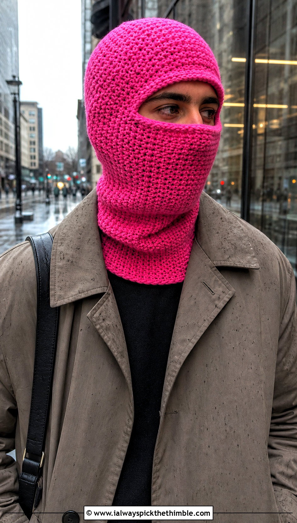 Extended Neck Crochet Balaclava With Trench Coat - 20 crochet balaclava for men outfit ideas