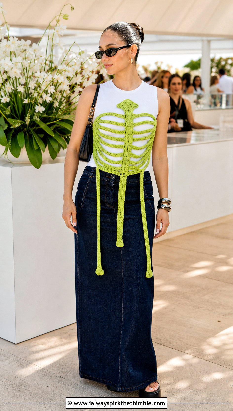 Extended Rib Crochet Skeleton Corset With Maxi Skirt - 15 crochet skeleton corset outfit ideas