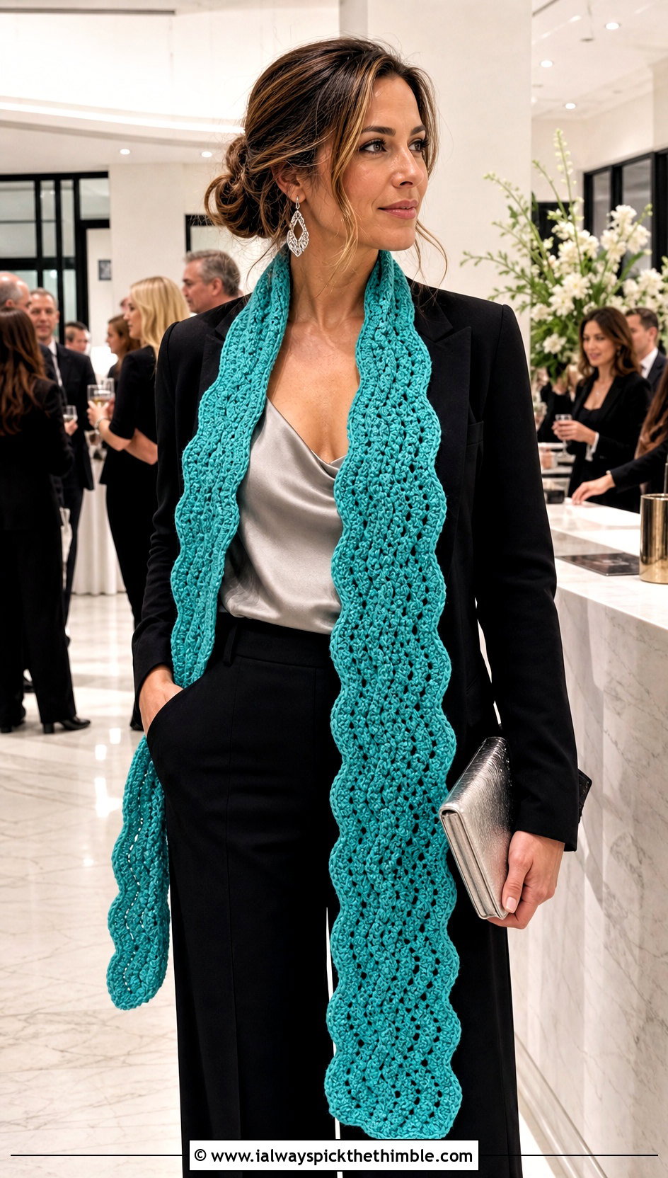 Extended Ripple Stitch Crochet Scarf With Evening Suit And Heels - 15 ripple stitch crochet scarf outfit ideas