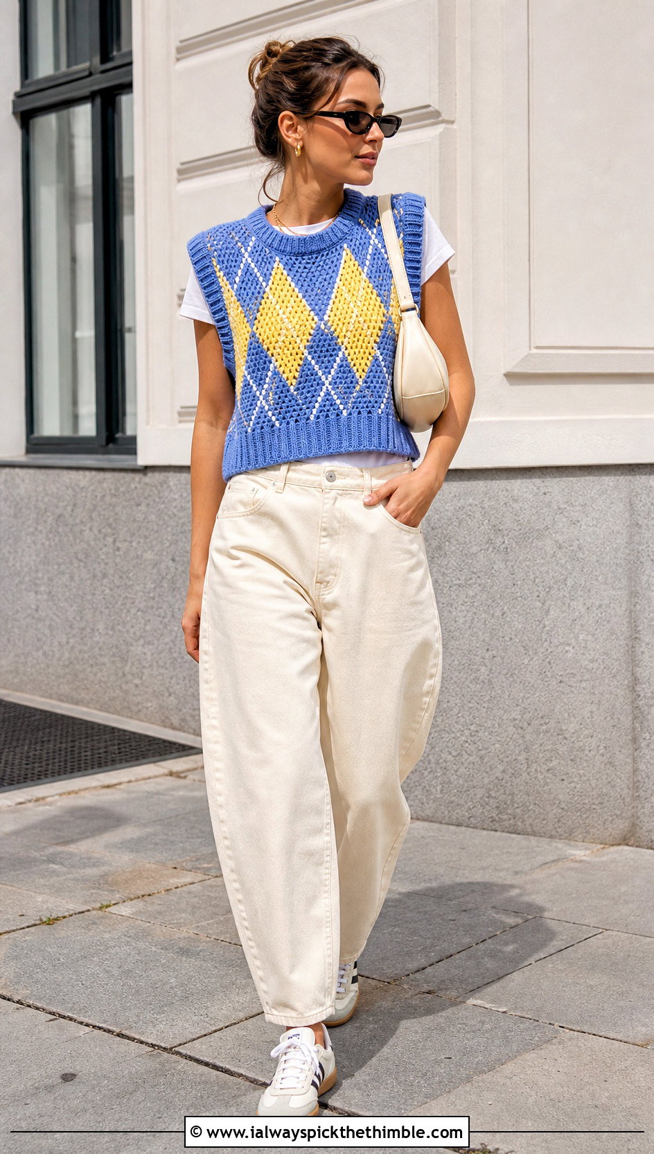 Extended Shoulder Argyle Crochet Sweater Vest With Barrel Jeans - 20 Argyle Crochet Sweater Vest outfit ideas