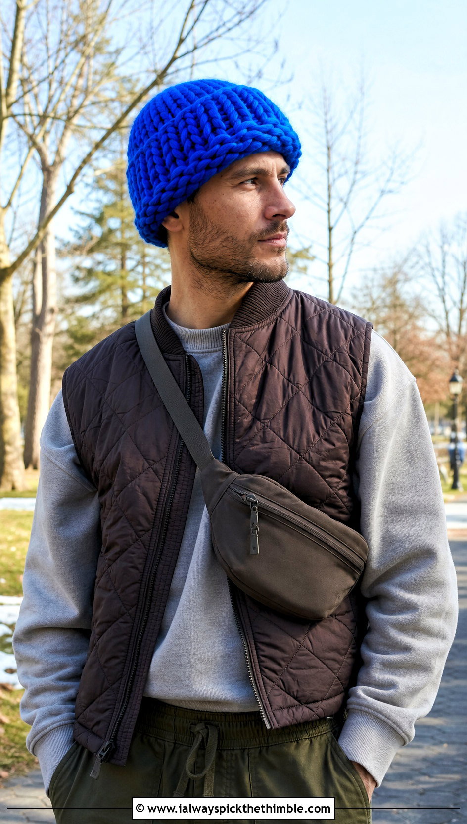 Extra Chunky Brawny Beanie With Quilted Vest - 15 brawny beanie men's crochet hat outfit ideas