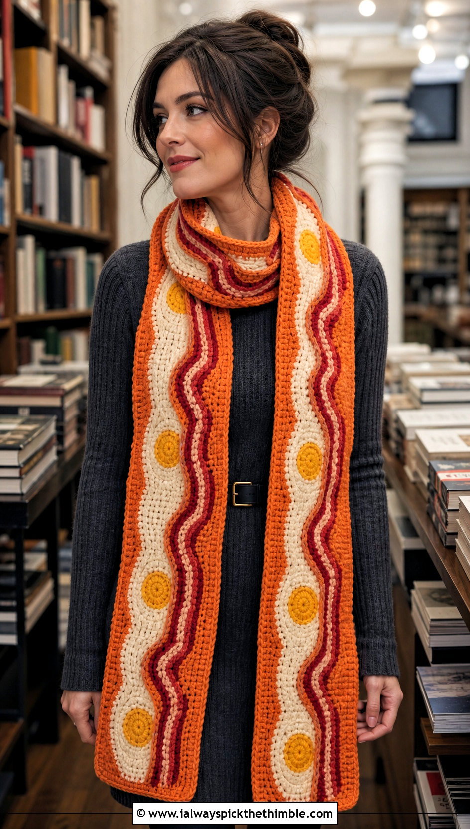 Extra Long Bacon And Eggs Scarf With Sweater Dress - 20 Crochet Bacon And Eggs Scarf outfit ideas