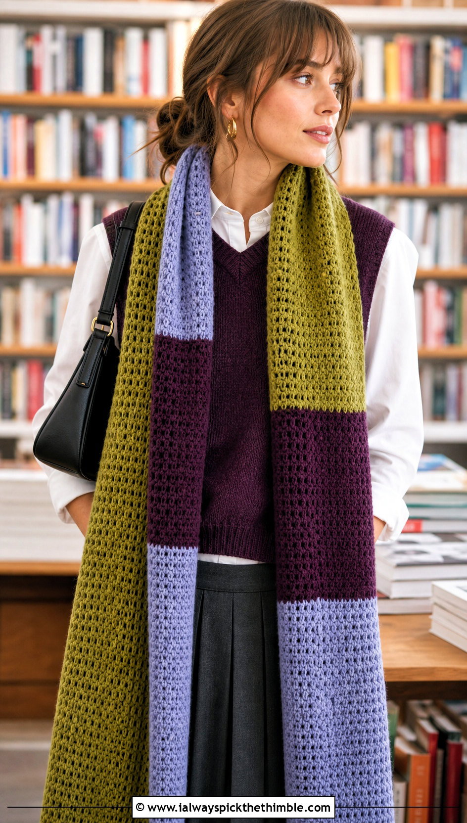 Extra Long Color Block Crochet Scarf With Pleated Skirt - 20 Color Block Crochet Scarf outfit ideas