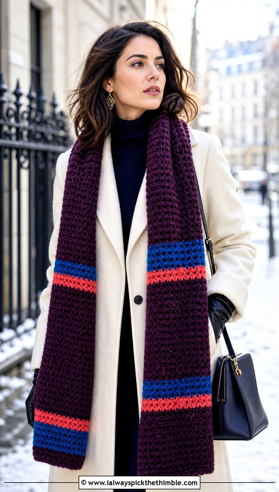 Extra Long Crayon Scarf With Wool Coat - 15 Crochet Crayon Scarf outfit ideas