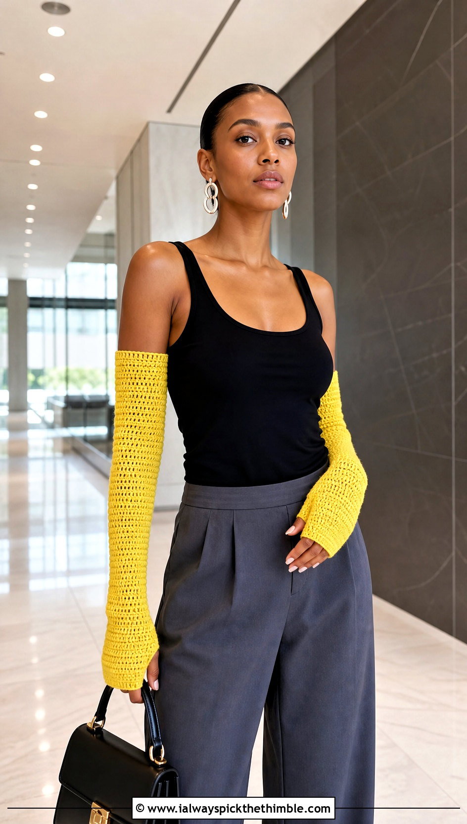 Extra Long Crochet Arm Warmers With Tank Top And Wide Leg Trousers - 25 crochet arm warmers outfit ideas