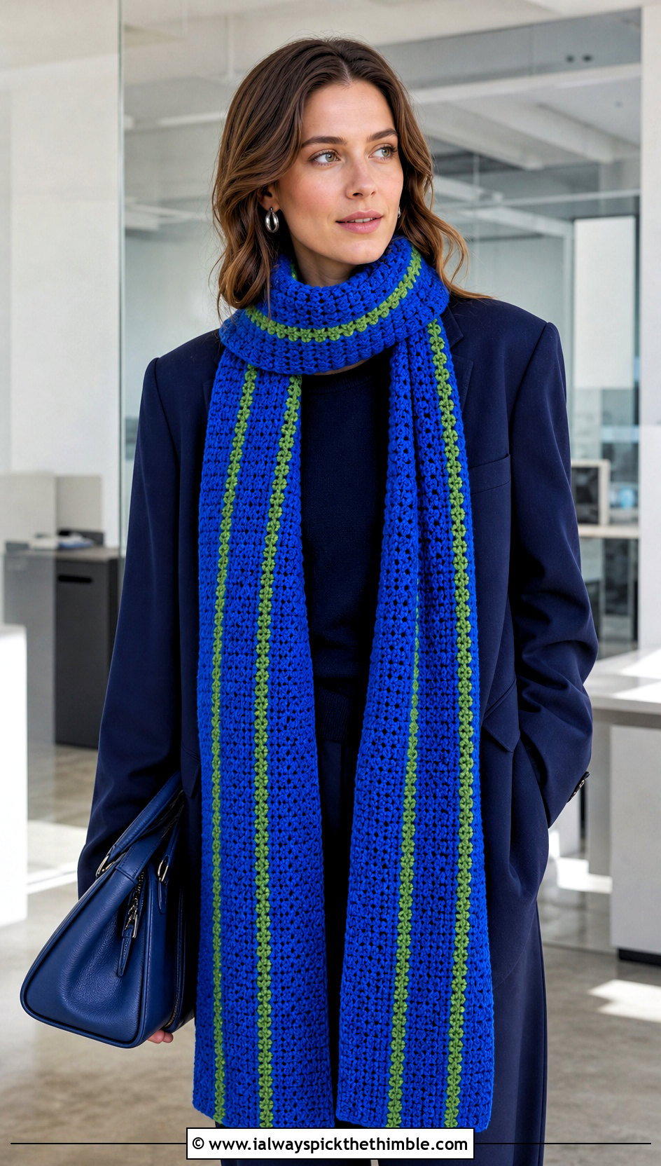 Extra Long Crochet Candy Scarf With Monochrome Suit - 15 crochet candy scarf outfit ideas