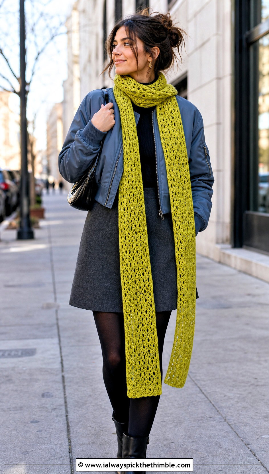 Extra Long Crochet Scarf With Bomber Jacket And Skirt - 25 crochet scarf outfit ideas