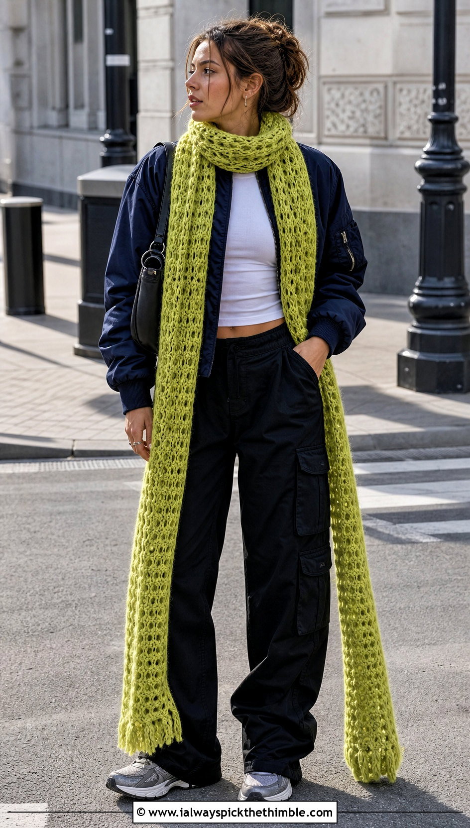 Extra Long Crochet Scarf With Bomber Jacket - 20 Beginner Crochet Projects Scarf outfit ideas