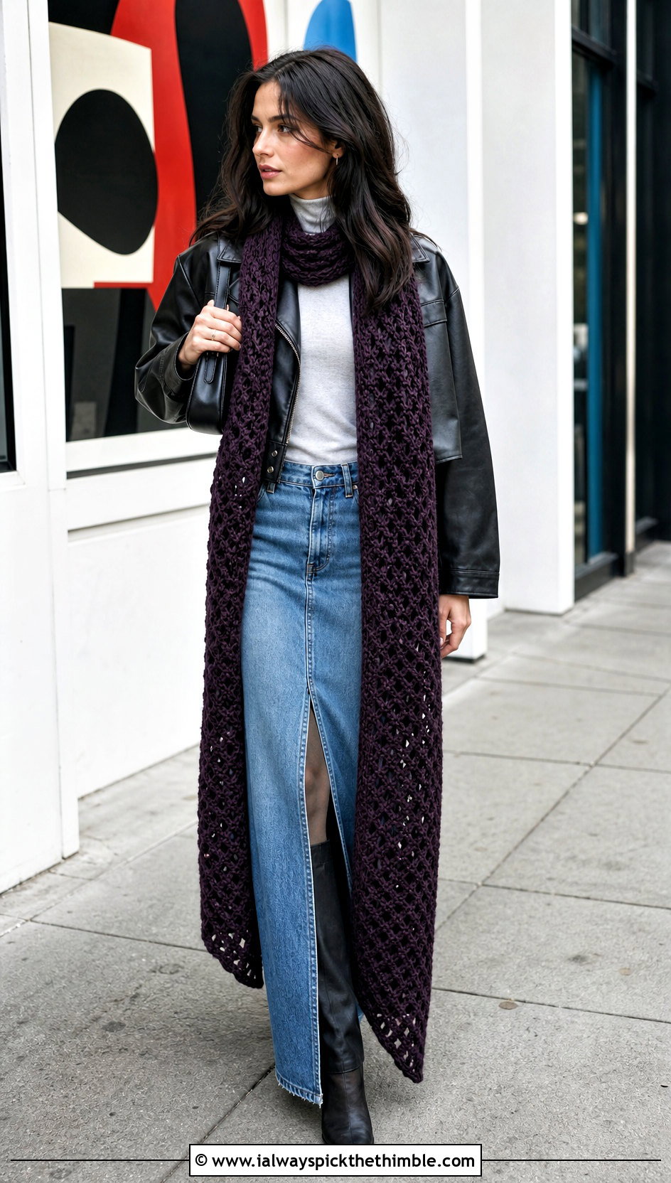 Extra Long Crochet Scarf With Denim Maxi Skirt - 20 denim and crochet scarf outfit ideas