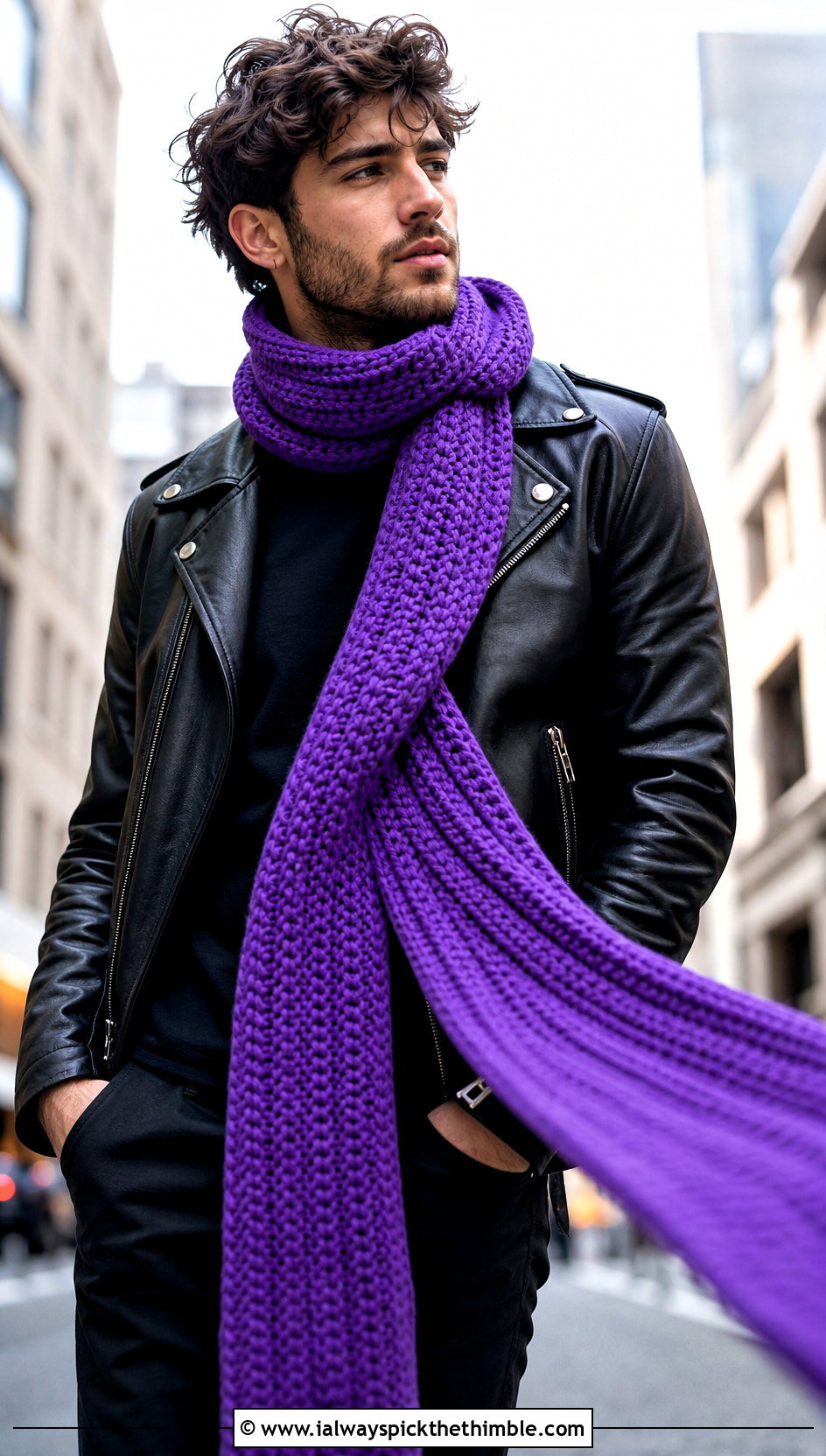 Extra Long Crochet Scarf With Leather Jacket - 25 crochet scarf for men outfit ideas