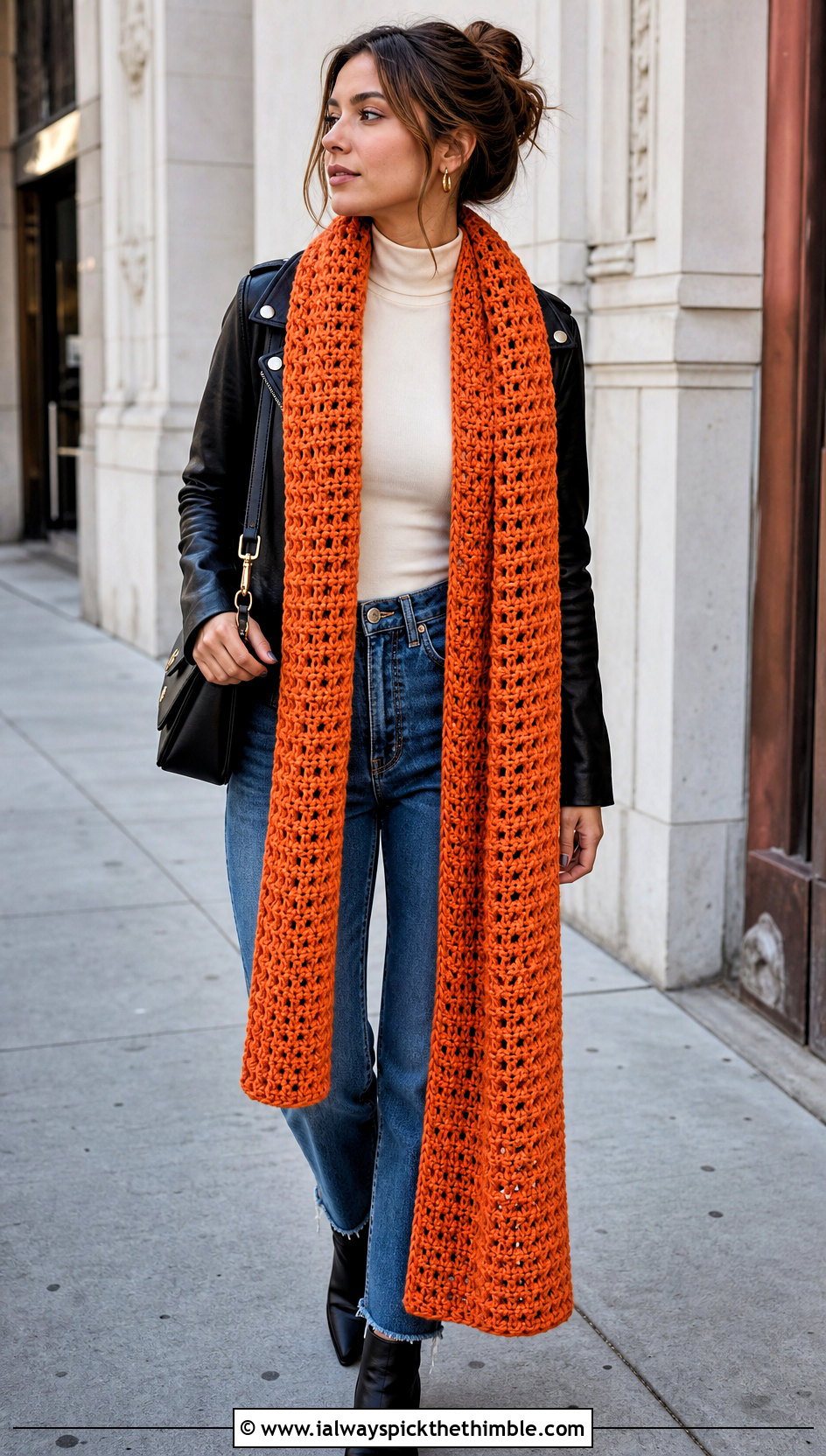 Extra Long Crochet Scarf With Leather Jacket And Jeans - 25 fun crochet scarf outfit ideas