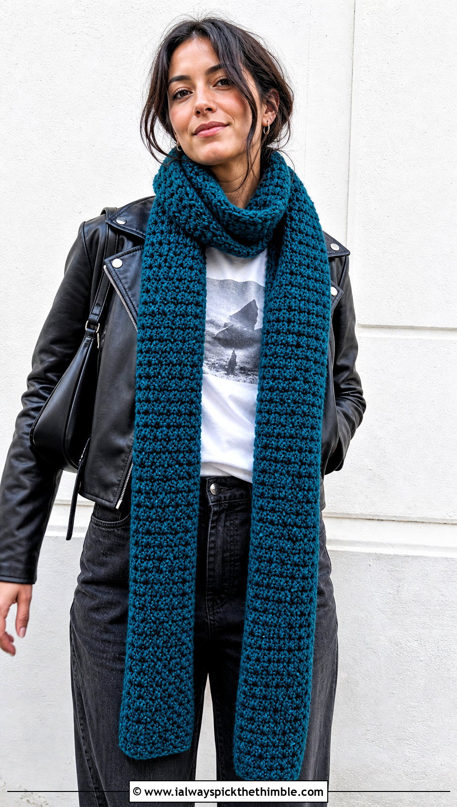 Extra Long Crochet Scarf With Leather Jacket - 20 crochet for scarfs outfit ideas