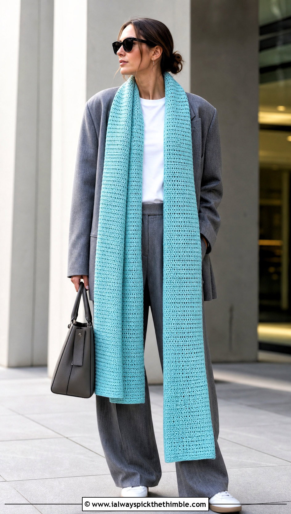 Extra Long Crochet Scarf With Oversized Suit - 20 easy crochet scarfs outfit ideas