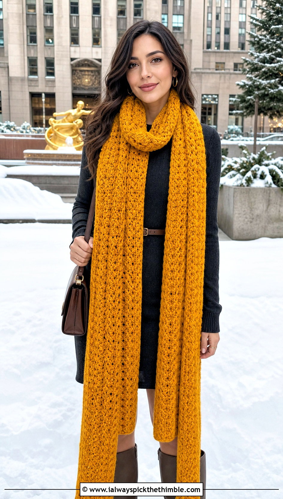Extra Long Crochet Scarf With Sweater Dress - 25 simple crochet scarf outfit ideas