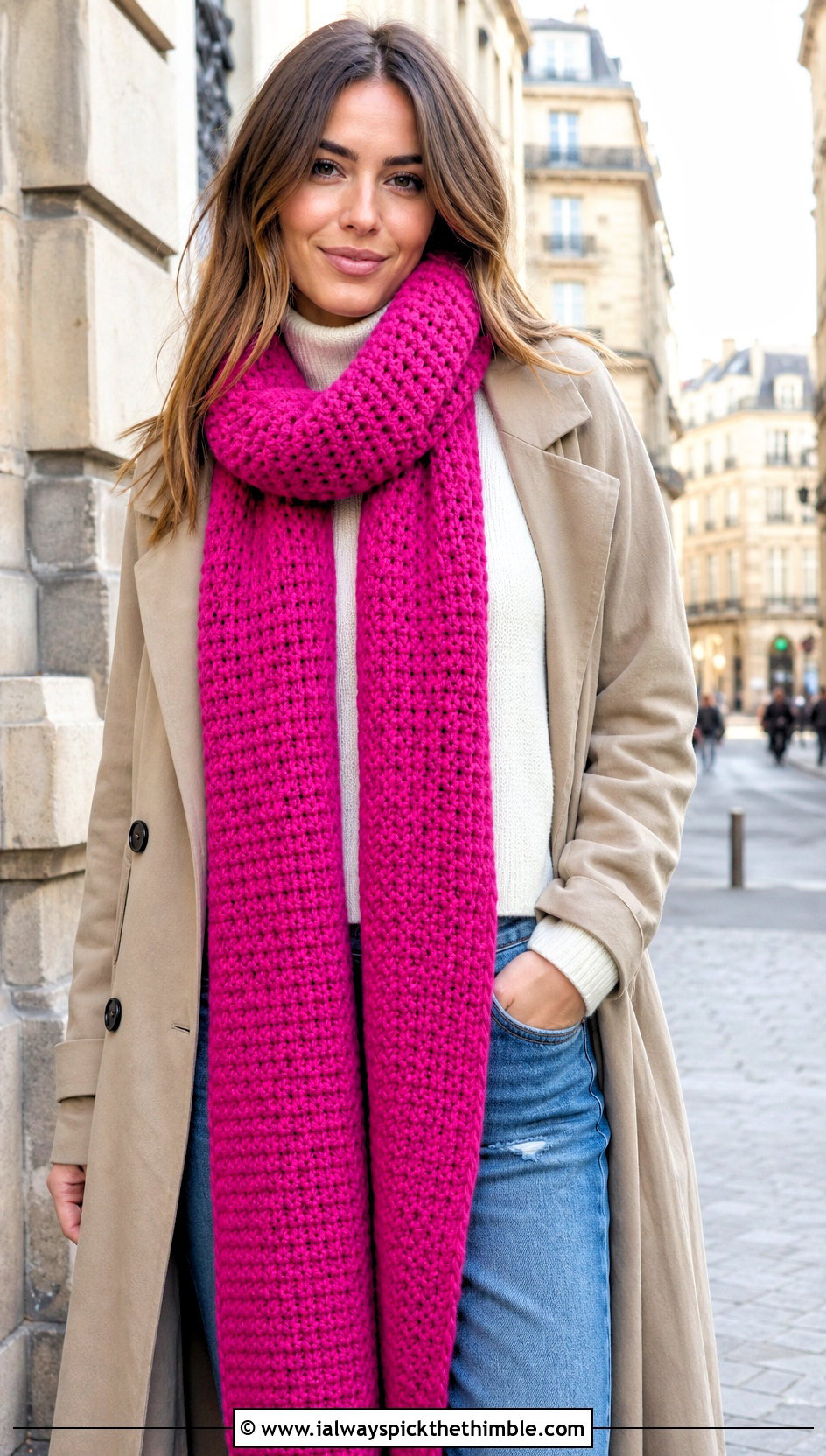 Extra Long Crochet Scarf With Trench Coat - 25 Winter Crochet Scarf outfit ideas