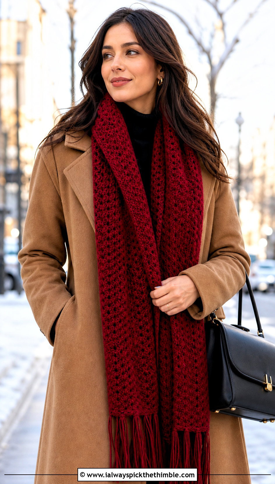 Extra Long Crochet Scarf With Wool Coat - 25 cute crochet scarf outfit ideas