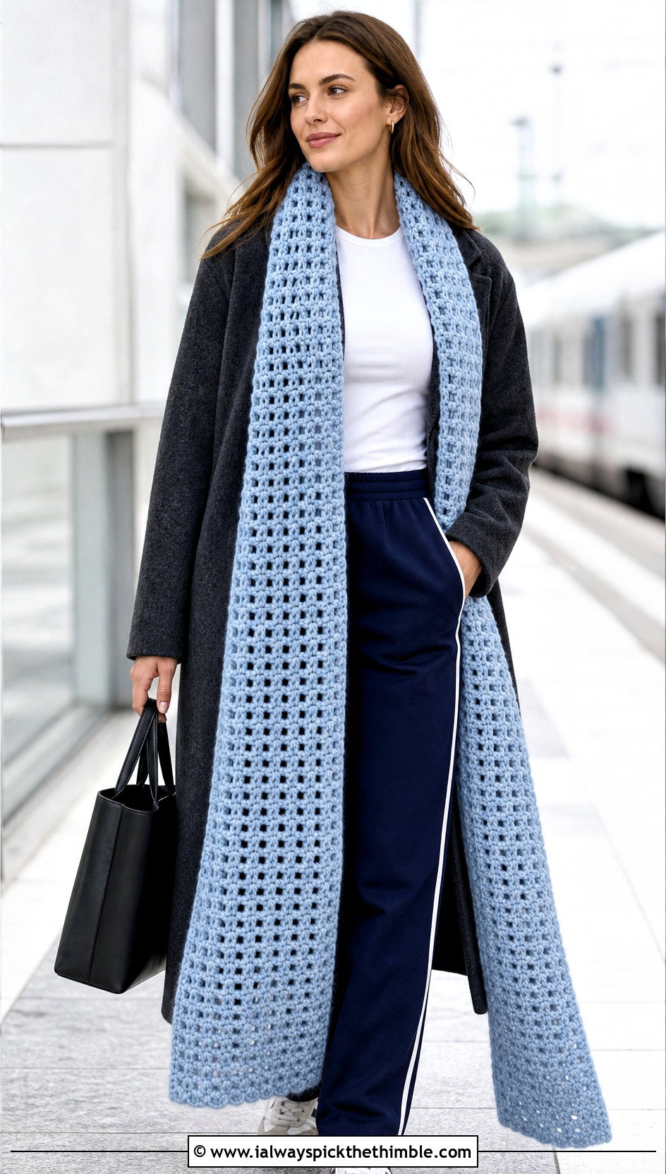 Extra Long Crochet Scarf With Wool Coat And Track Pants - 20 one row repeat crochet scarf outfit ideas