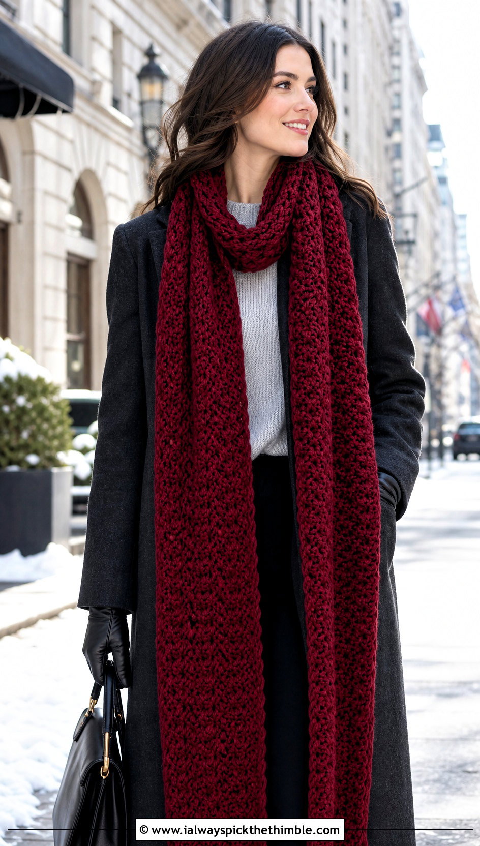 Extra Long Crochet Scarf With Wool Coat - 20 pretty crochet scarf outfit ideas