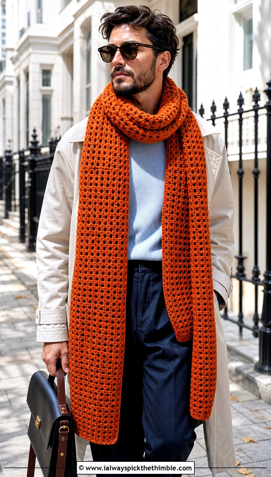Extra Long Crochet Unisex Scarf With Trench Coat - 15 Crochet Unisex Scarf outfit ideas