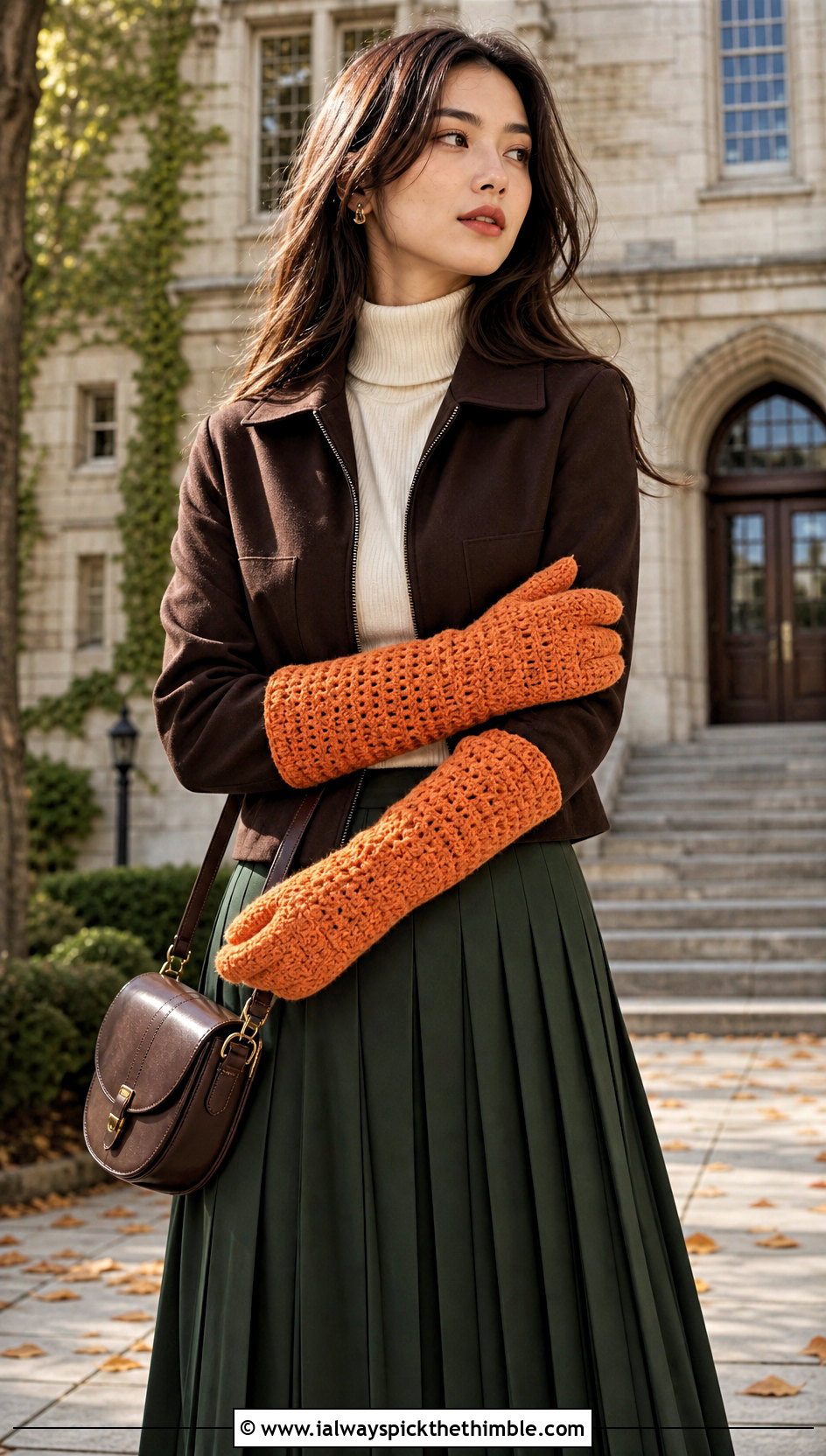 Extra Long Cuff Tabi Crochet Mittens With Cropped Jacket And Pleated Skirt - 20 Tabi Crochet Mittens outfit ideas