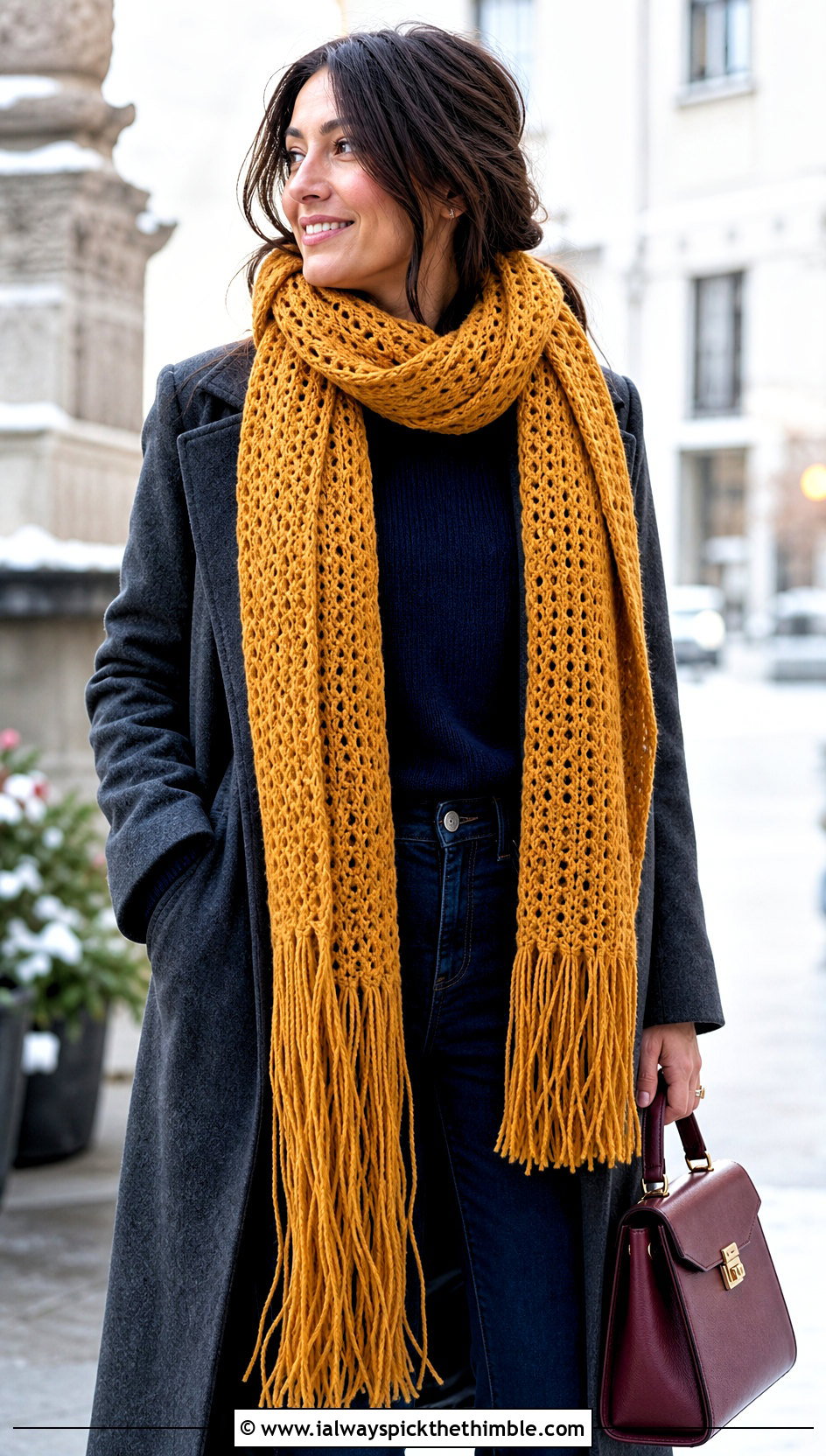 Extra Long Fringe Crochet Scarf With Wool Coat - 20 Crochet Scarf Fringe Ideas