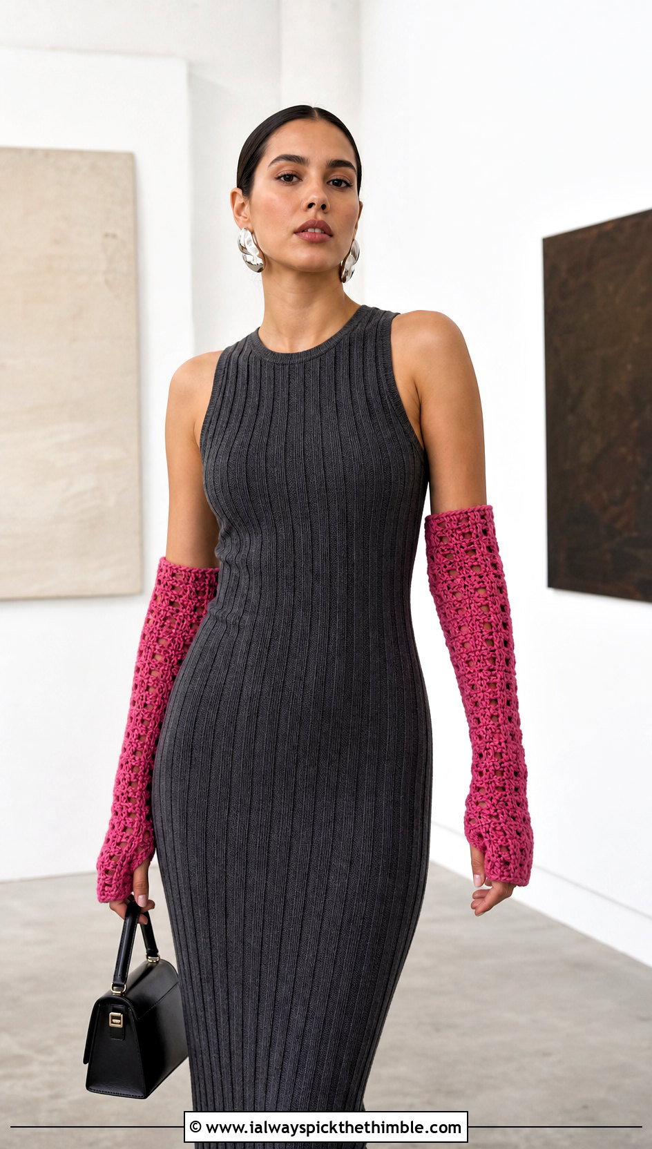 Extra Long Gauntlet Wrist Warmers With Sleeveless Knit Dress - 25 crochet wrist warmers outfit ideas