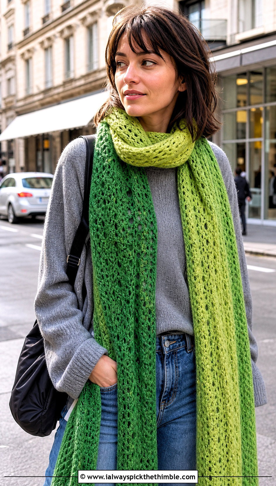 Extra Long Gradient Crochet Scarf With Sweater And Jeans - 20 gradient crochet scarf outfit ideas