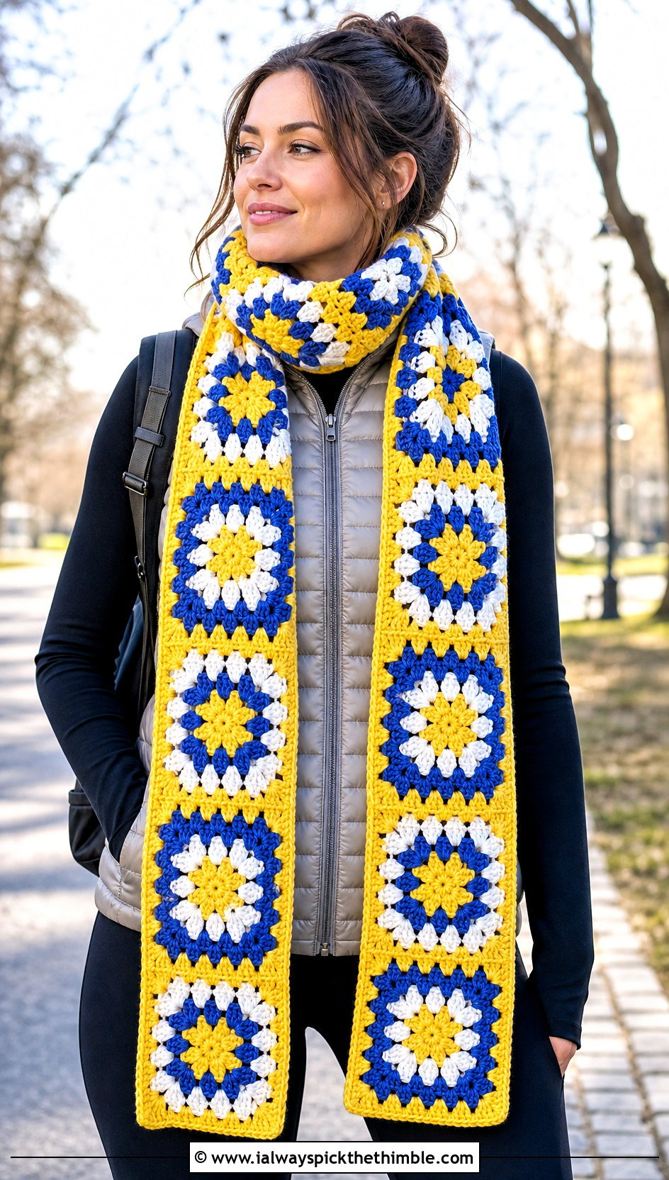 Extra Long Granny Square Scarf With Puffer Vest And Leggings - 20 crochet granny square scarf outfit ideas