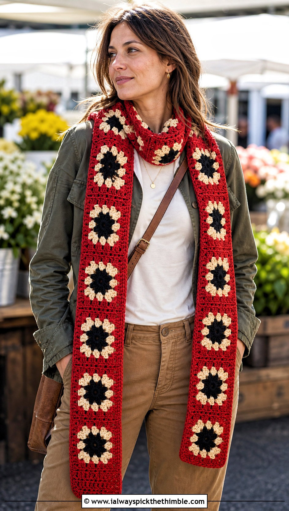 Extra Long Granny Square Scarf With Utility Jacket And Chinos - 20 granny square scarves outfit ideas