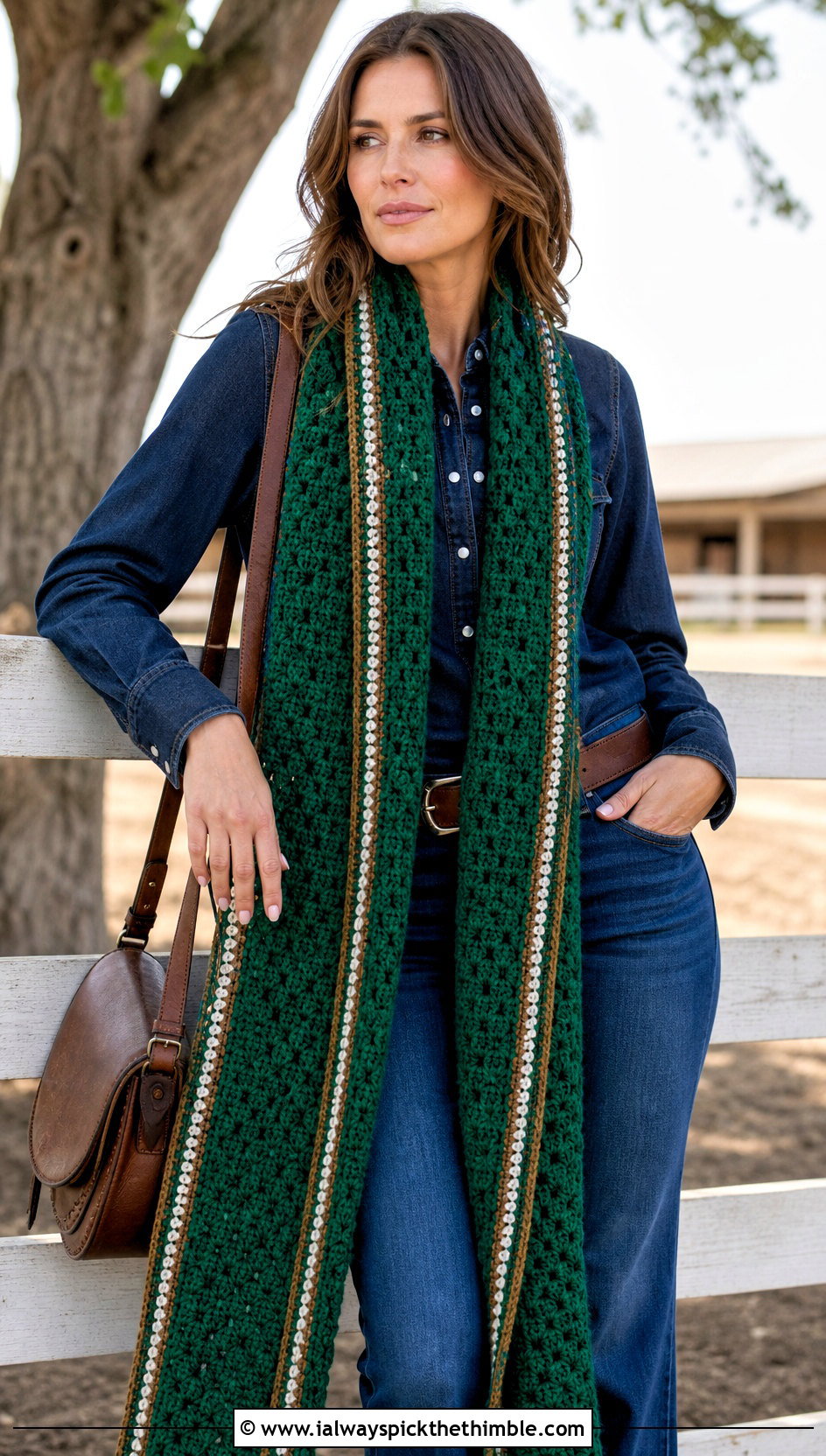 Extra Long Granny Stitch Scarf With Western Denim - 20 crochet granny stitch scarf outfit ideas