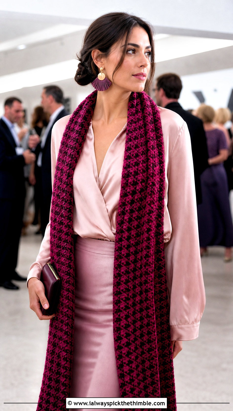 Extra Long Houndstooth Crochet Scarf With Satin Separates - 15 Houndstooth Crochet Scarf outfit ideas