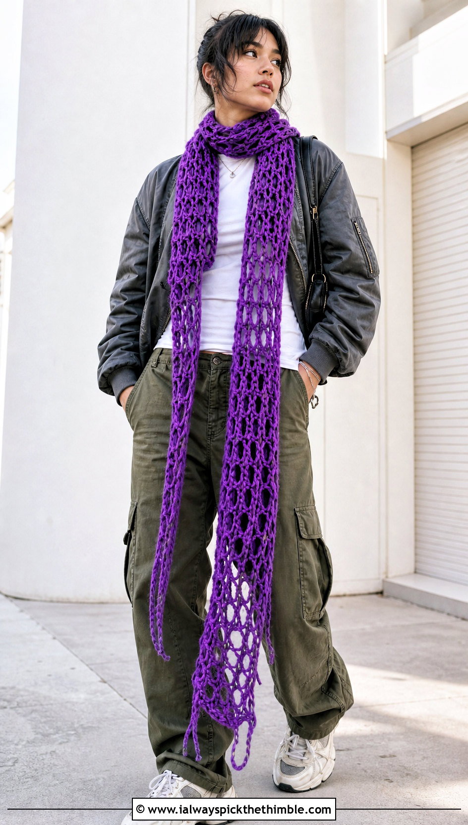 Extra Long Mesh Crochet Scarf With Bomber Jacket And Cargo Pants - 20 Mesh Crochet Scarf outfit ideas
