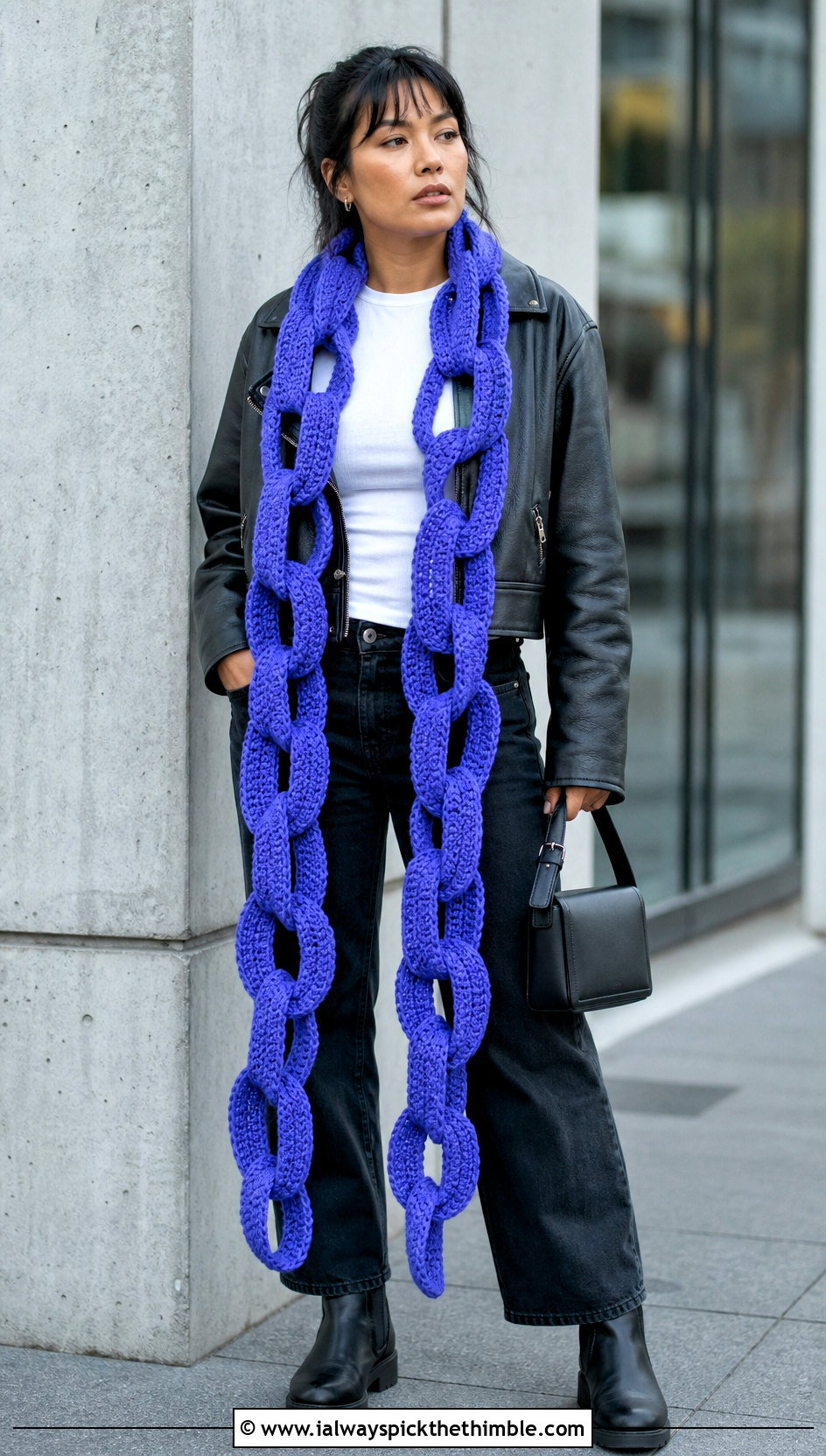 Extra Long Modular Chain Link Crochet Scarf With Leather Jacket - 15 Chain Link Crochet Scarf outfit ideas