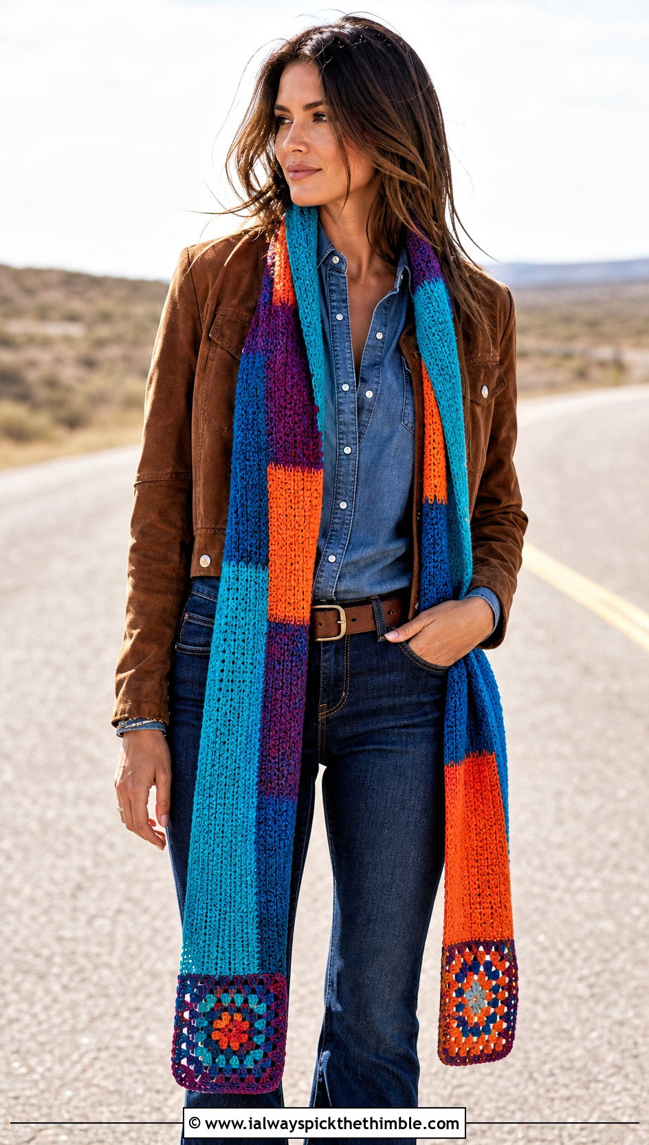 Extra Long Mood Scarf With Western Denim - 15 Crochet Mood Scarf outfit ideas