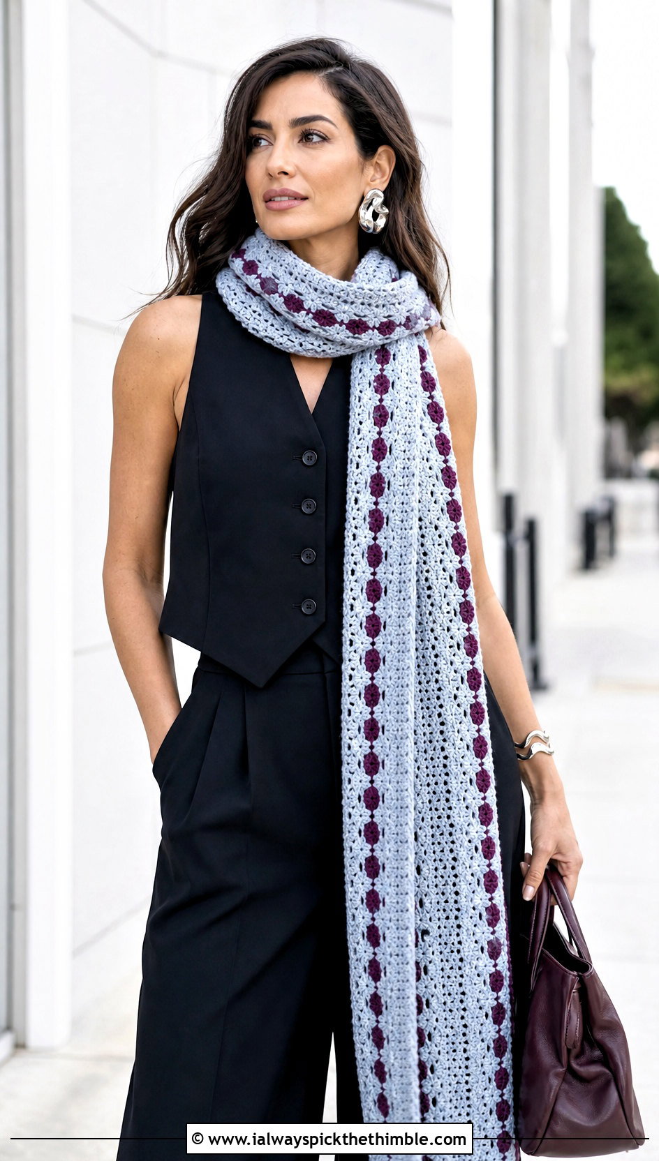 Extra Long Natsu Scarf With Tailored Vest - 15 Crochet Natsu Scarf outfit ideas