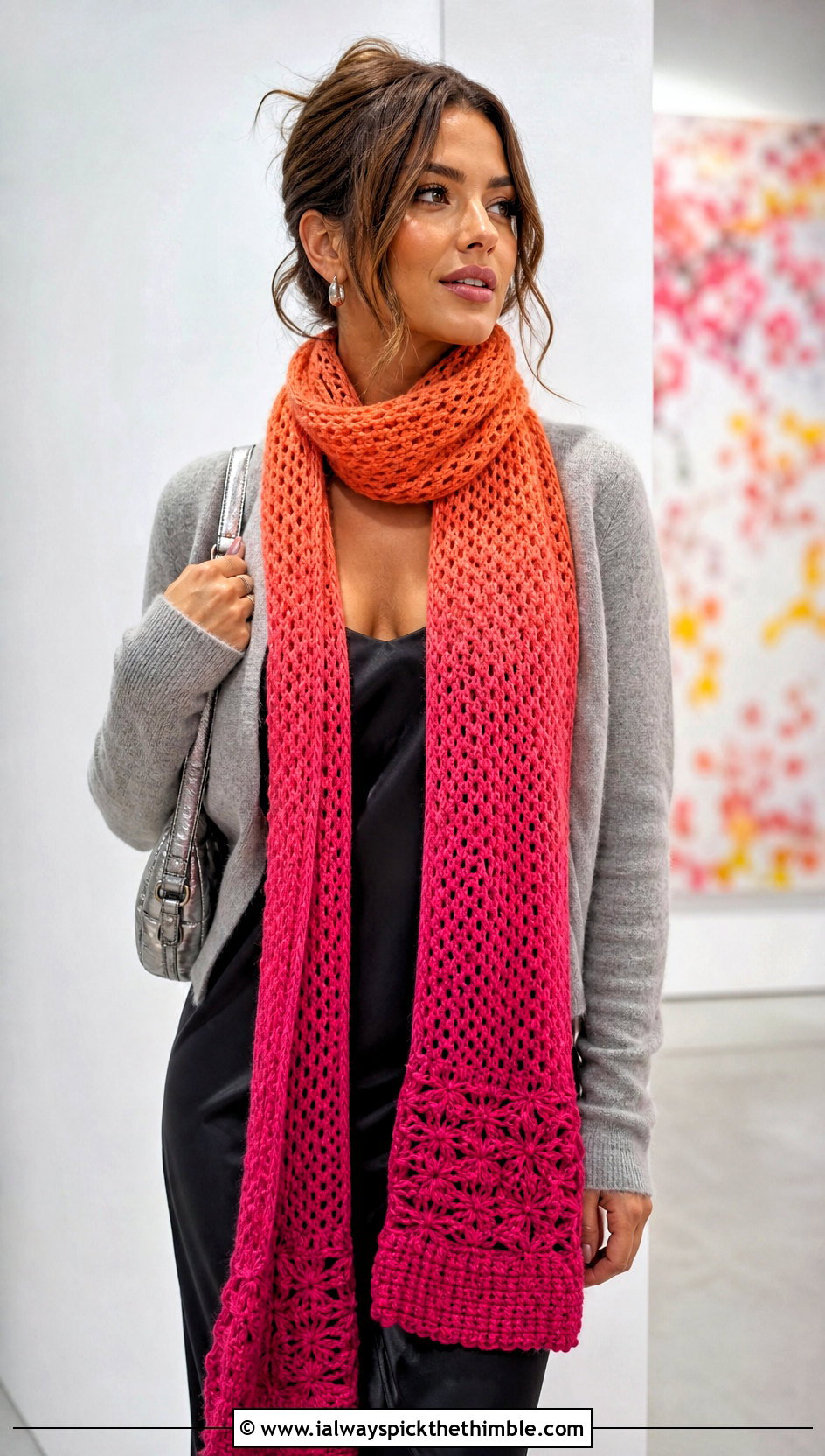 Extra Long Ombre Crochet Scarf With Slip Dress And Cardigan - 20 Ombre Crochet Scarf outfit ideas