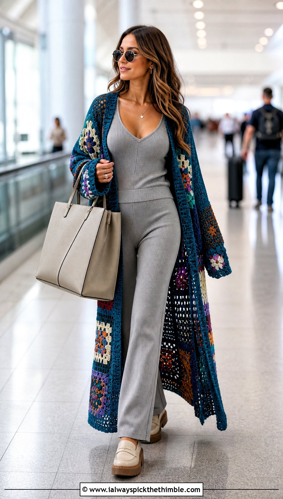 Extra Long Patchwork Crochet Blanket Cardigan With Knit Set - 25 crochet blanket cardigan outfit ideas