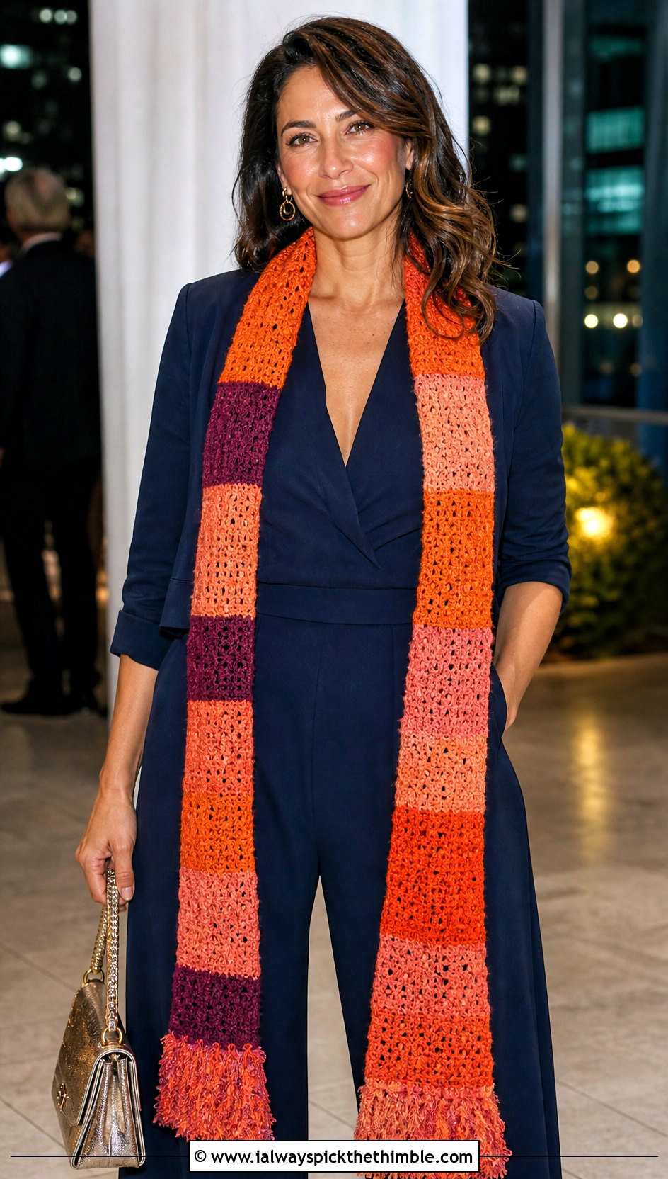Extra Long Patchwork Crochet Scarf With Jumpsuit - 15 Patchwork Crochet Scarf outfit ideas