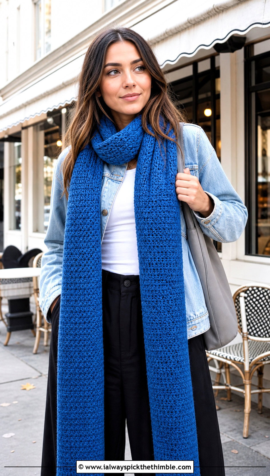 Extra Long Single Crochet Scarf With Denim Jacket - 20 Single Crochet Scarf outfit ideas
