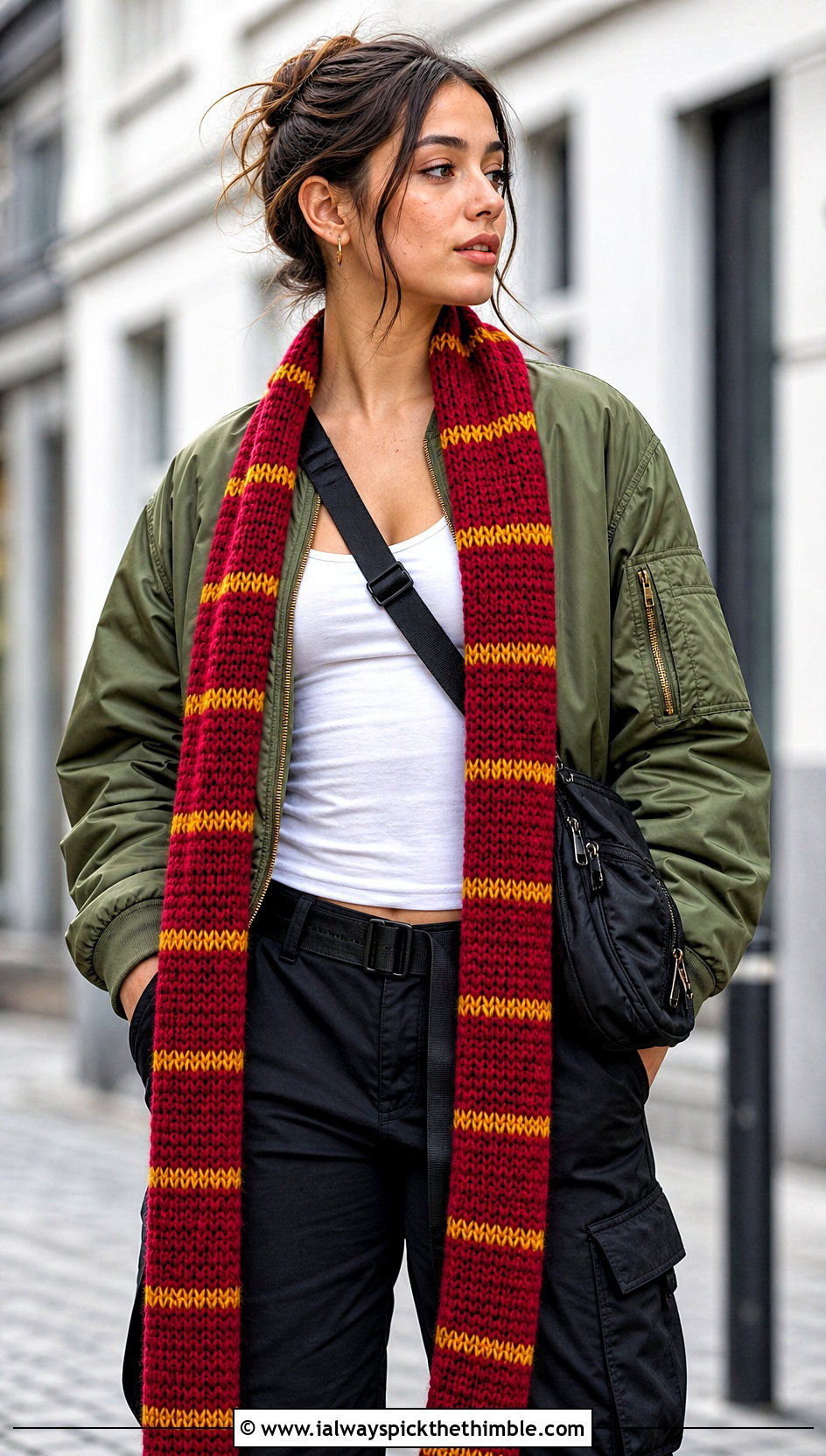 Extra Long Skinny Gryffindor Crochet Scarf With Bomber Jacket - 20 gryffindor crochet scarf outfit ideas