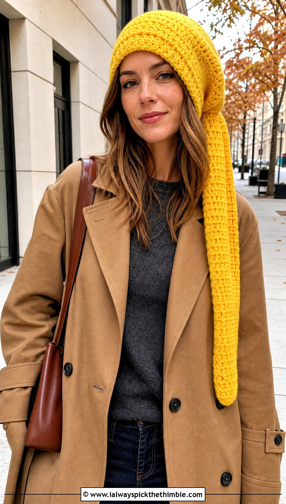 Extra Long Stocking Crochet Hat With Trench Coat - 20 Long Crochet Hat outfit ideas