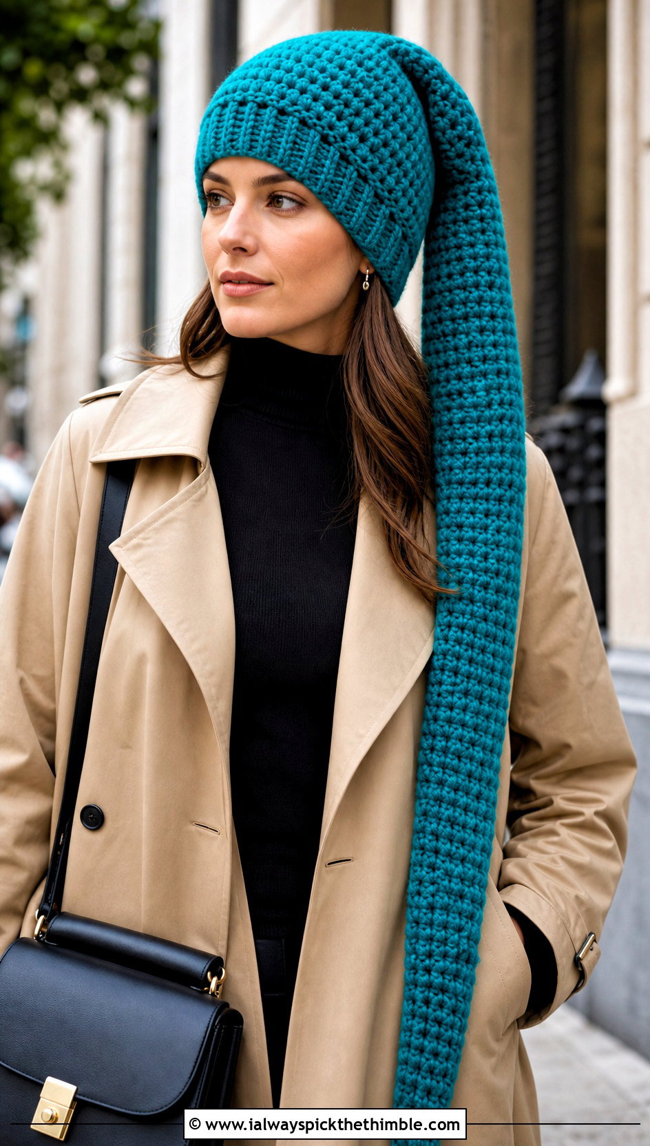 Extra Long Stocking Crochet Hat With Trench Coat - 20 crochet long hat outfit ideas
