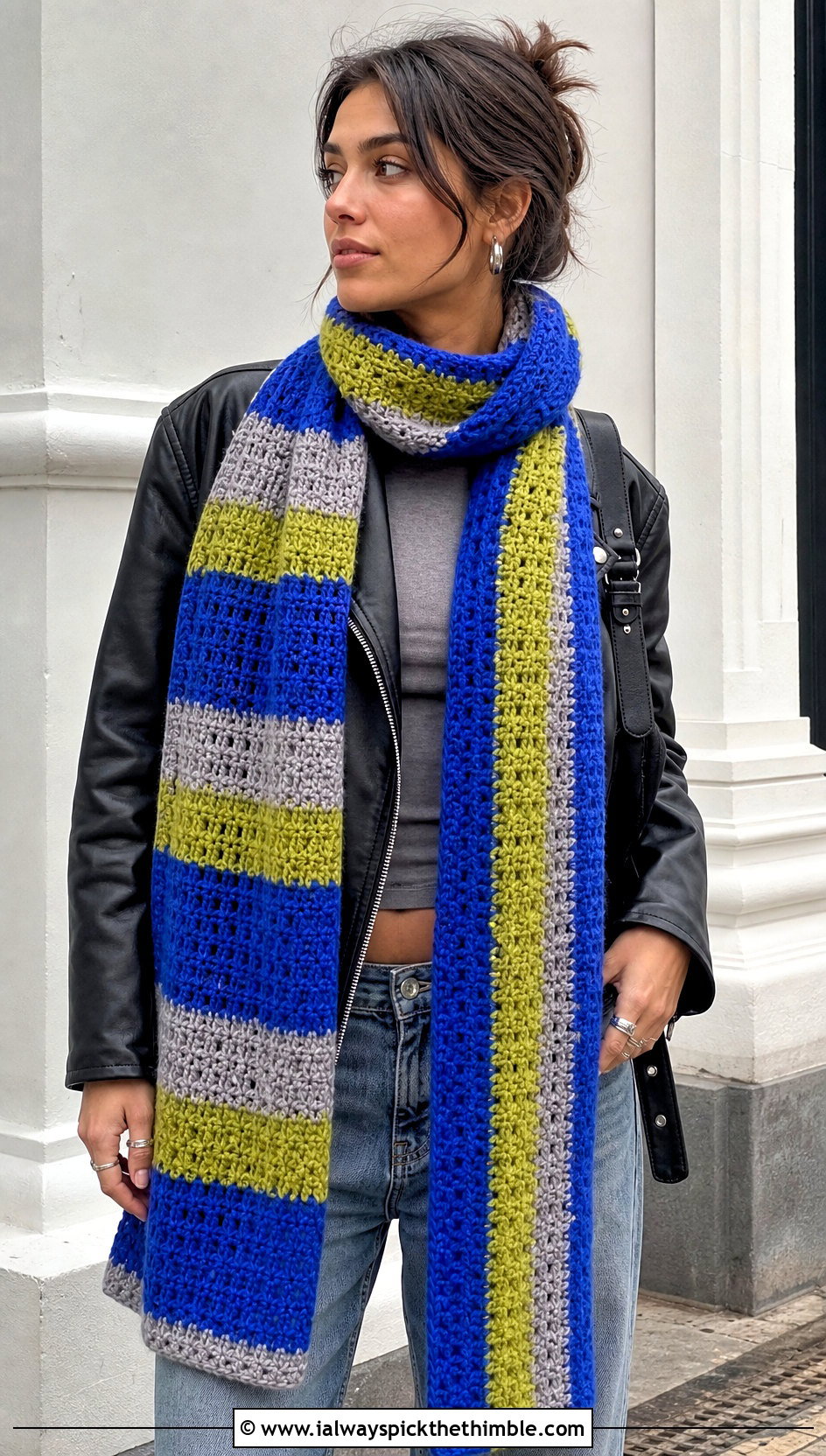 Extra Long Stripe Crochet Scarf With Leather Jacket - 20 Stripe Crochet Scarf outfit ideas
