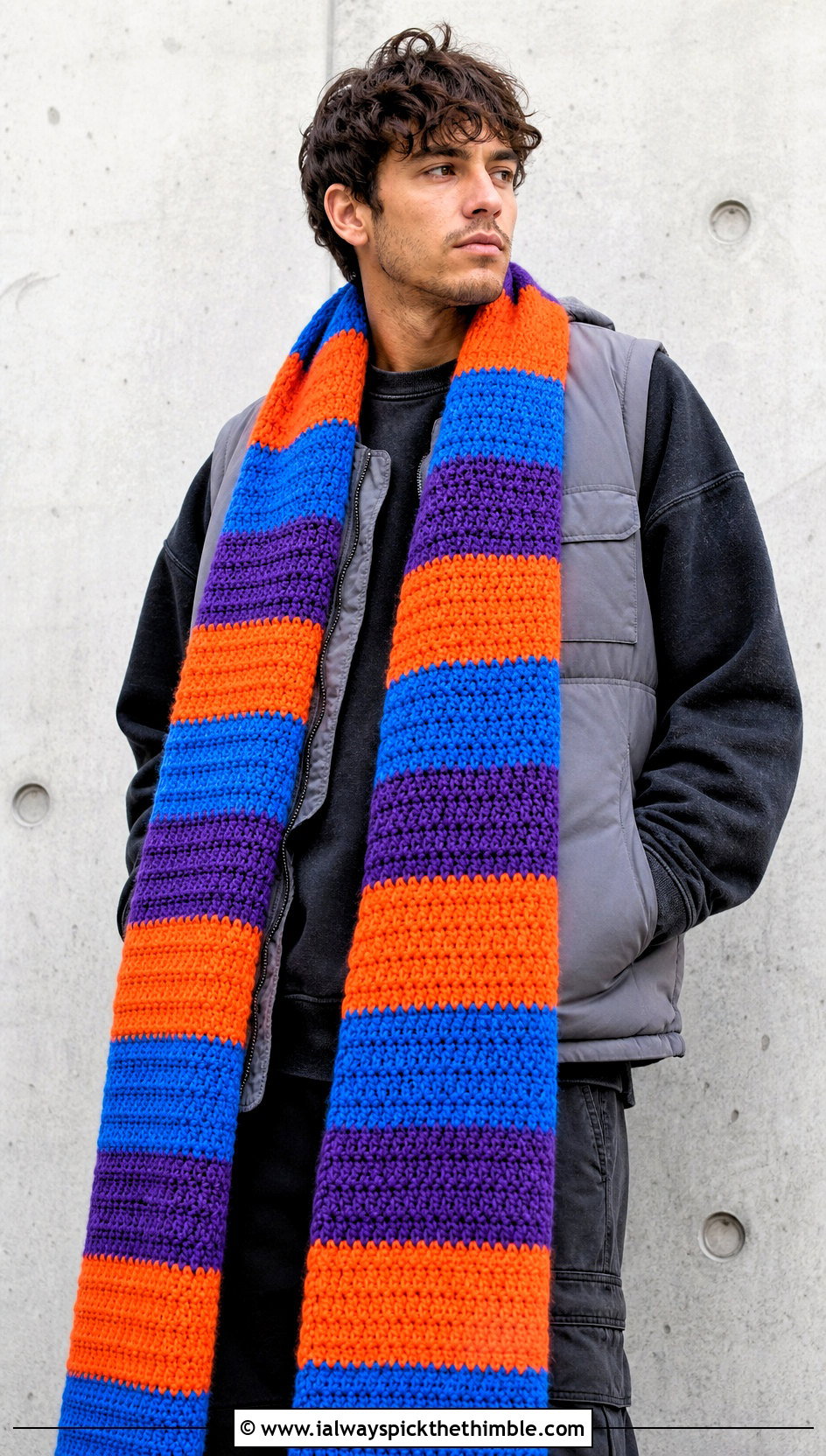 Extra Long Striped Crochet Scarf With Utility Vest - 20 easy crochet scarf men outfit ideas