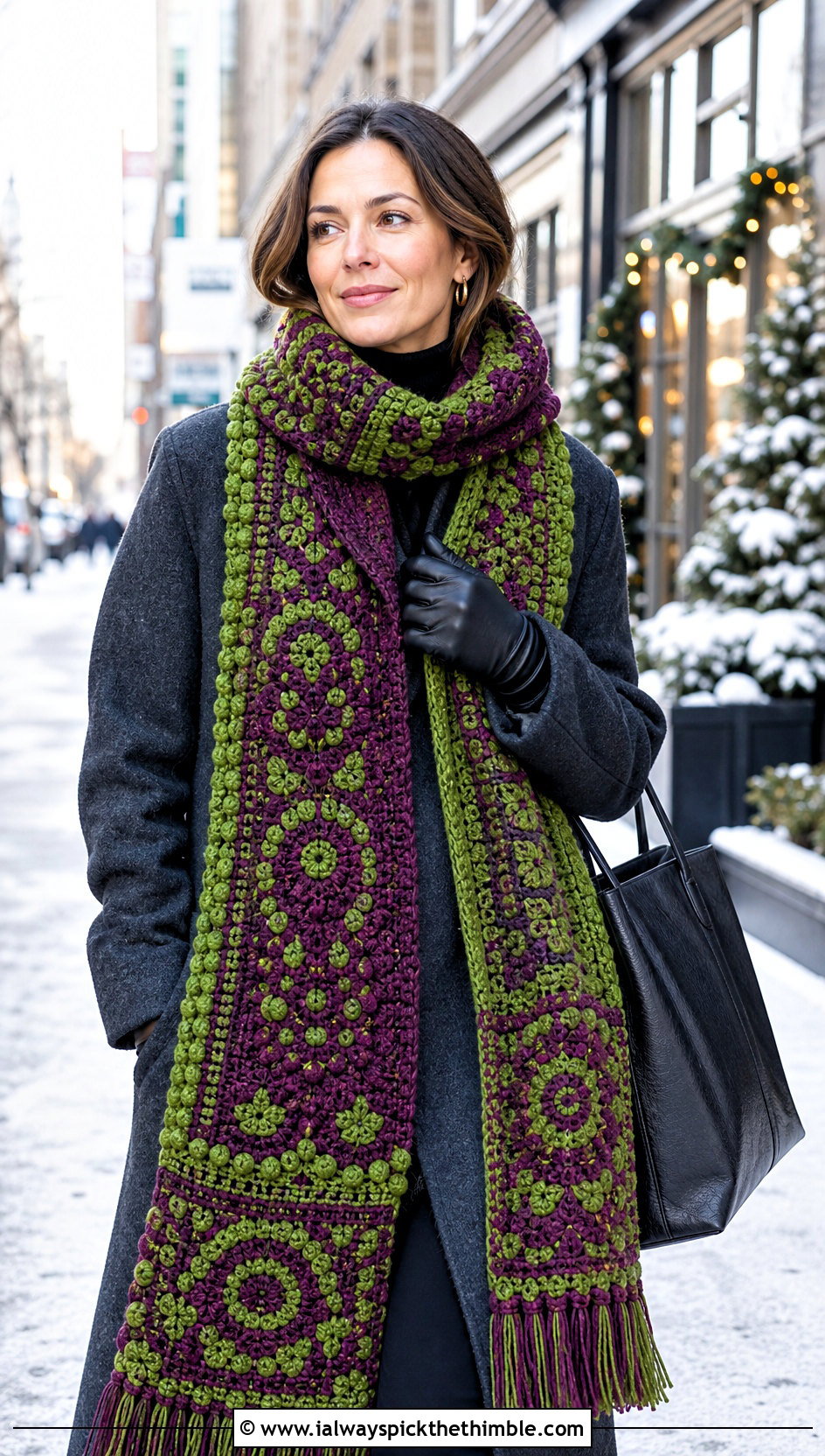 Extra Long Tapestry Crochet Scarf With Wool Coat - 25 tapestry crochet scarf outfit ideas